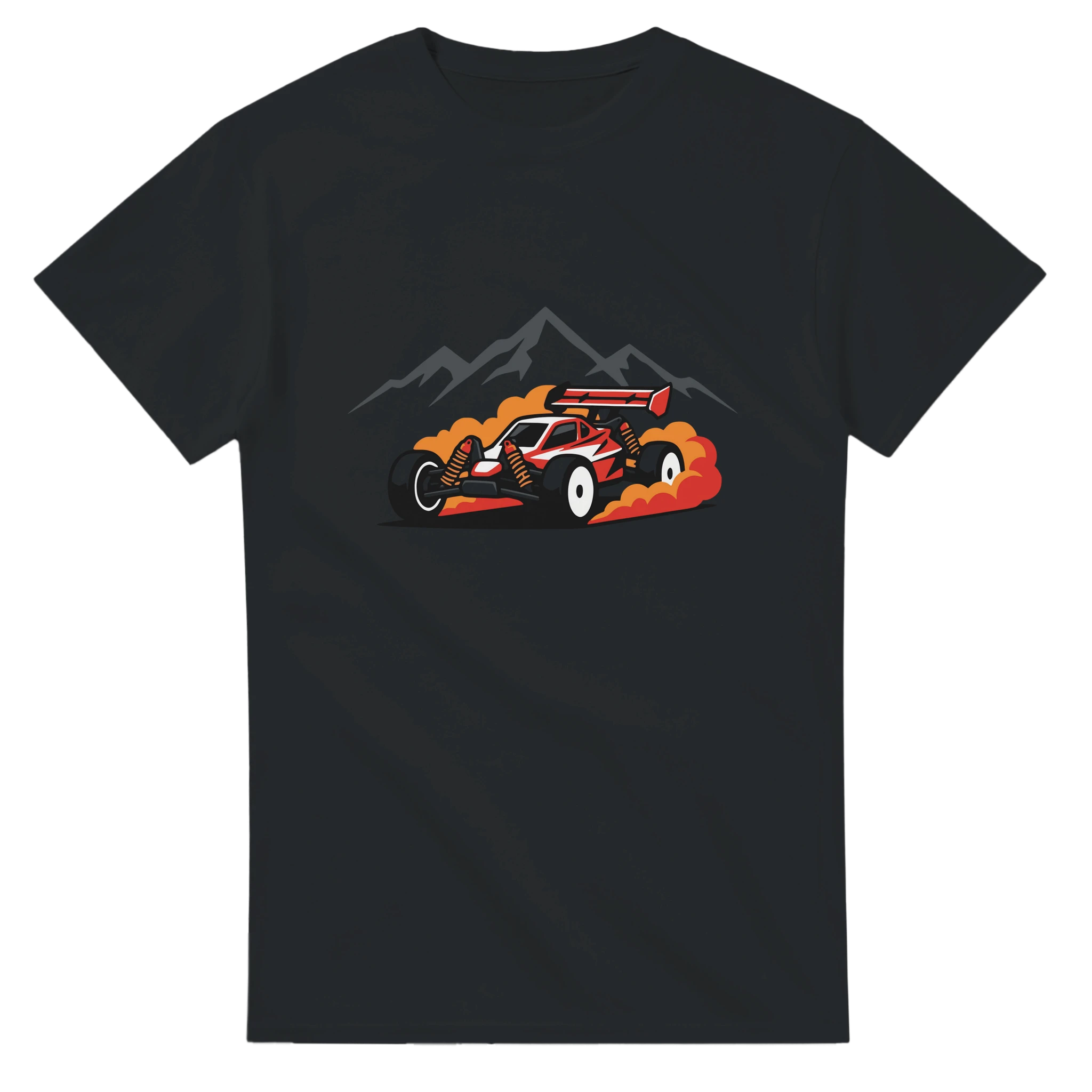 Minimalistisches RC Auto T-Shirt – T-Shirt Produktfoto, Vorderseite auf schwarzem Hintergrund