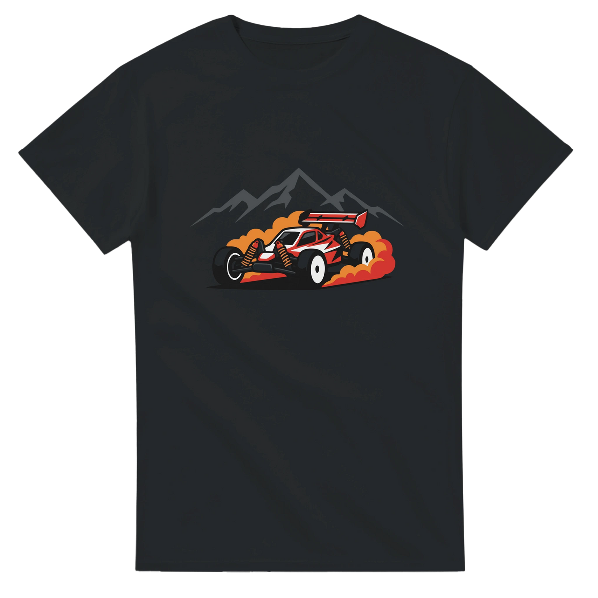Minimalistisches RC Auto T-Shirt – T-Shirt Produktfoto, Vorderseite auf schwarzem Hintergrund