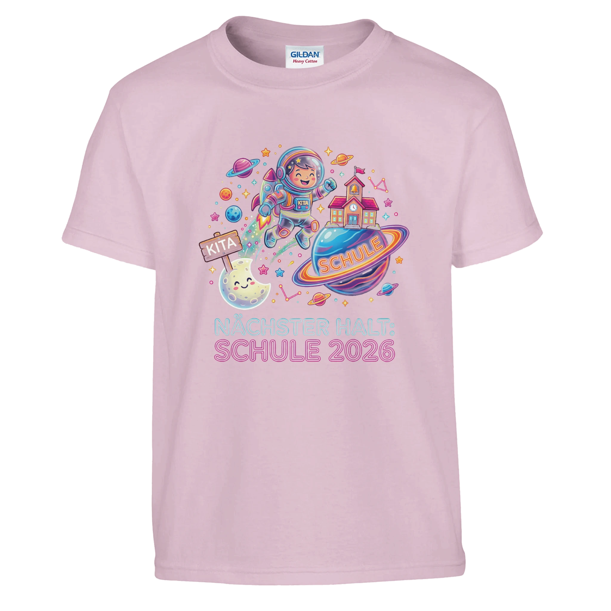 Nächster Halt Schule Astronaut Neon Einschulung Shirt – Kinder T-Shirt Vorderseite Detailansicht