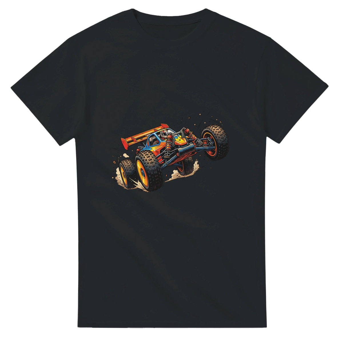 RC Buggy T-Shirt "Flying Buggy" – T-Shirt Produktfoto, Vorderseite auf schwarzem Hintergrund