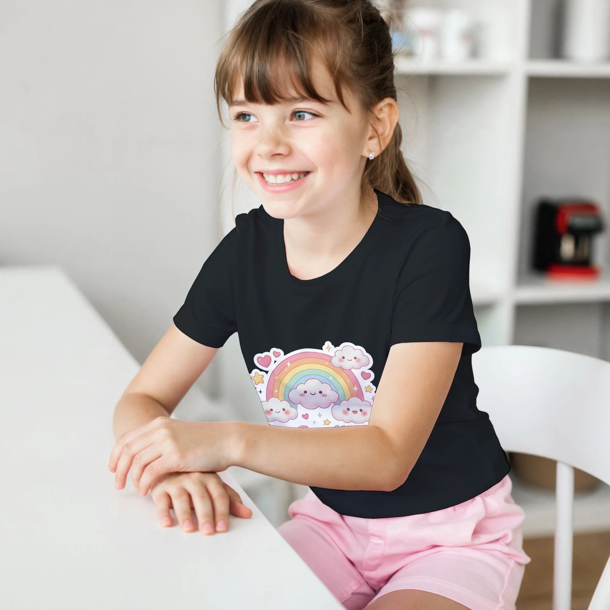 Bye Bye Kita Abschluss Shirt Regenbogen – Mädchen trägt Kinder T-Shirt Indoor Foto