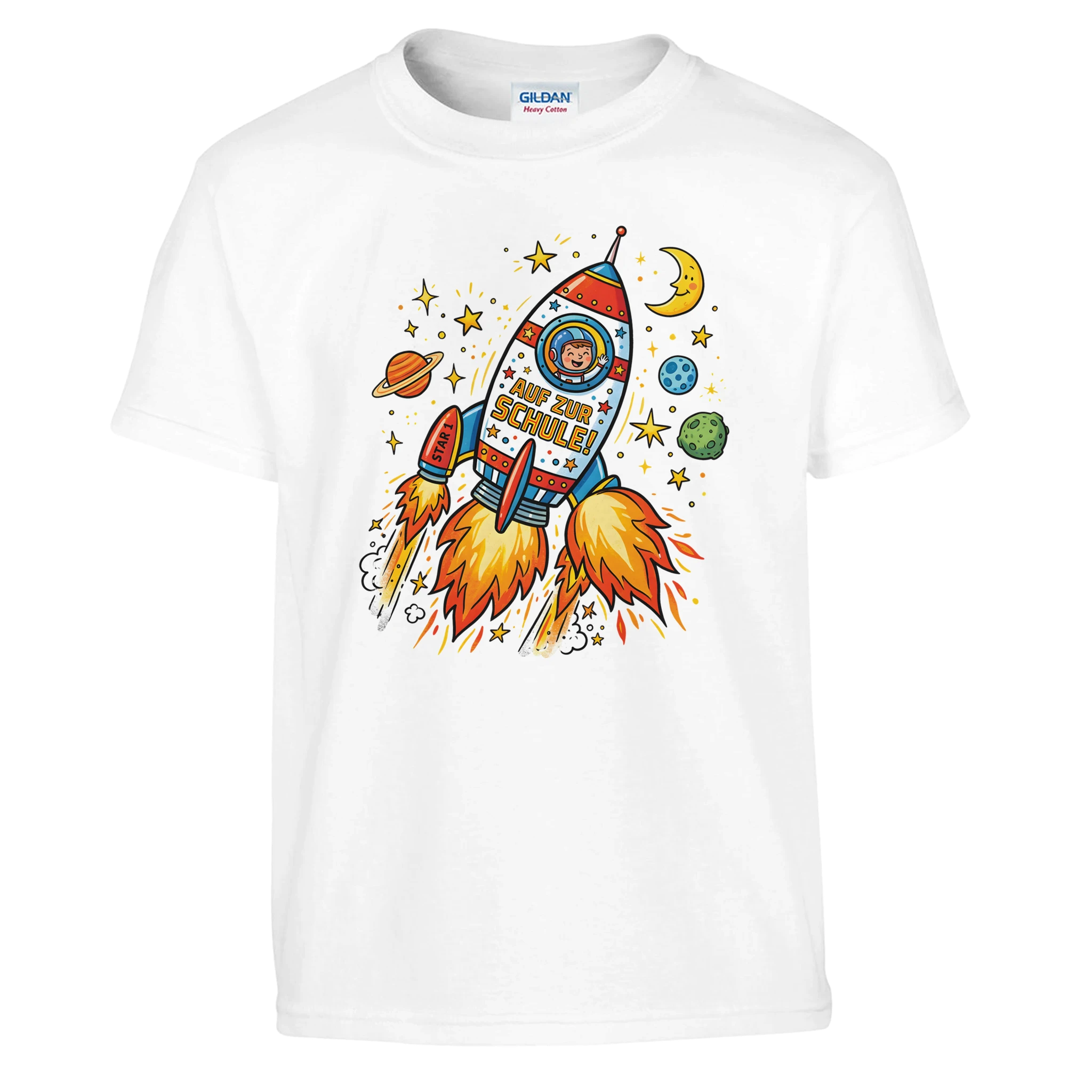 Auf zur Schule Einschulung Shirt Rakete – Kinder T-Shirt Vorderseite Detailansicht