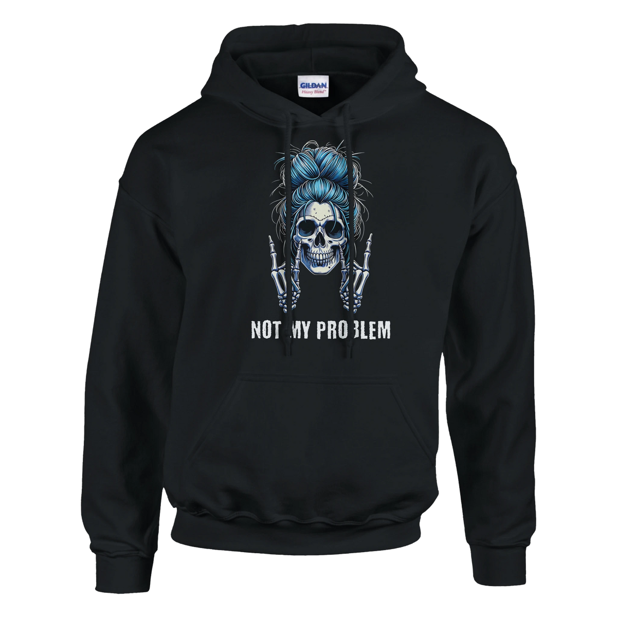 Not My Problem Hoodie – Hoodie Produktfoto, Vorderansicht auf schwarzem Hintergrund