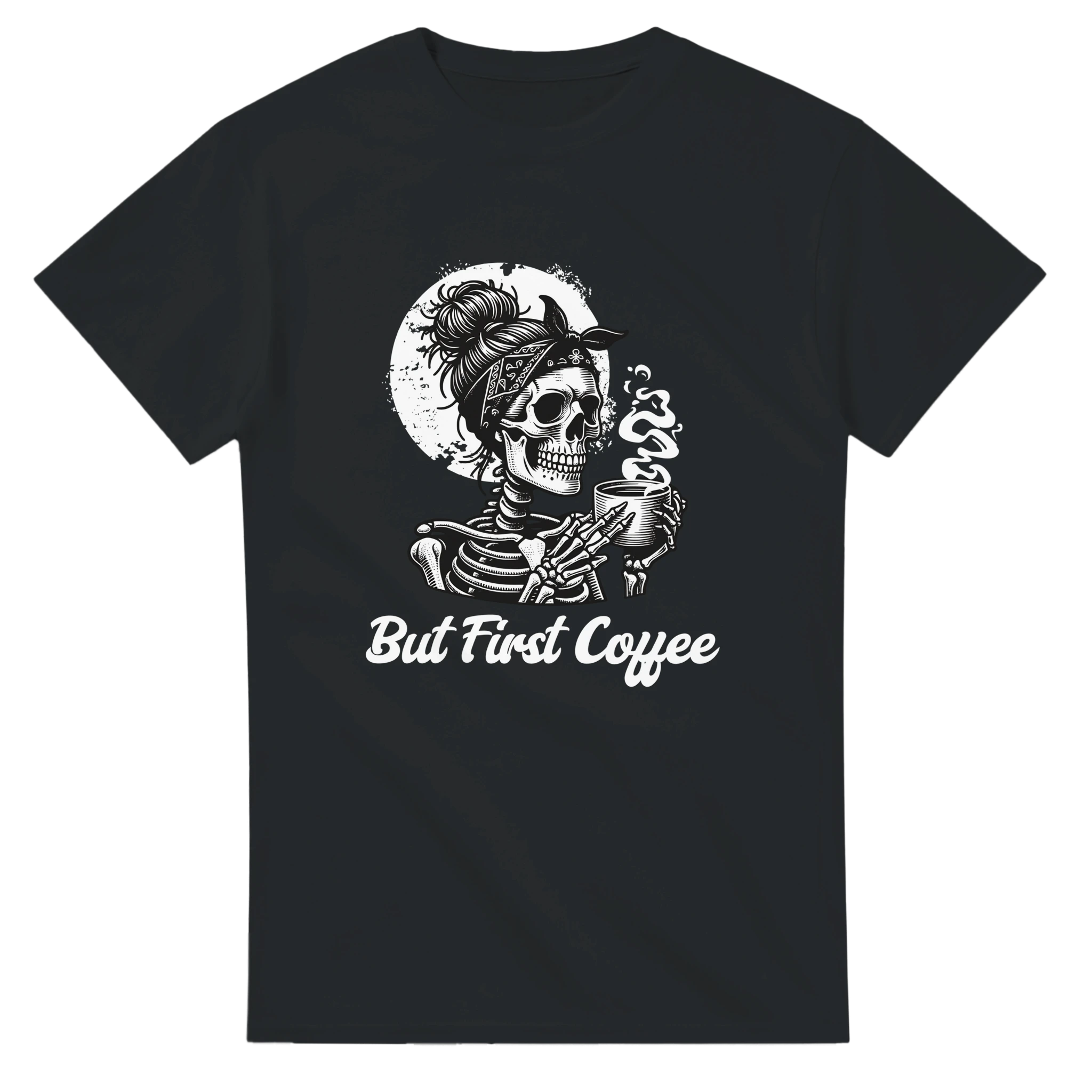 But First Coffee T-Shirt – T-Shirt Produktfoto, Vorderseite auf schwarzem Hintergrund