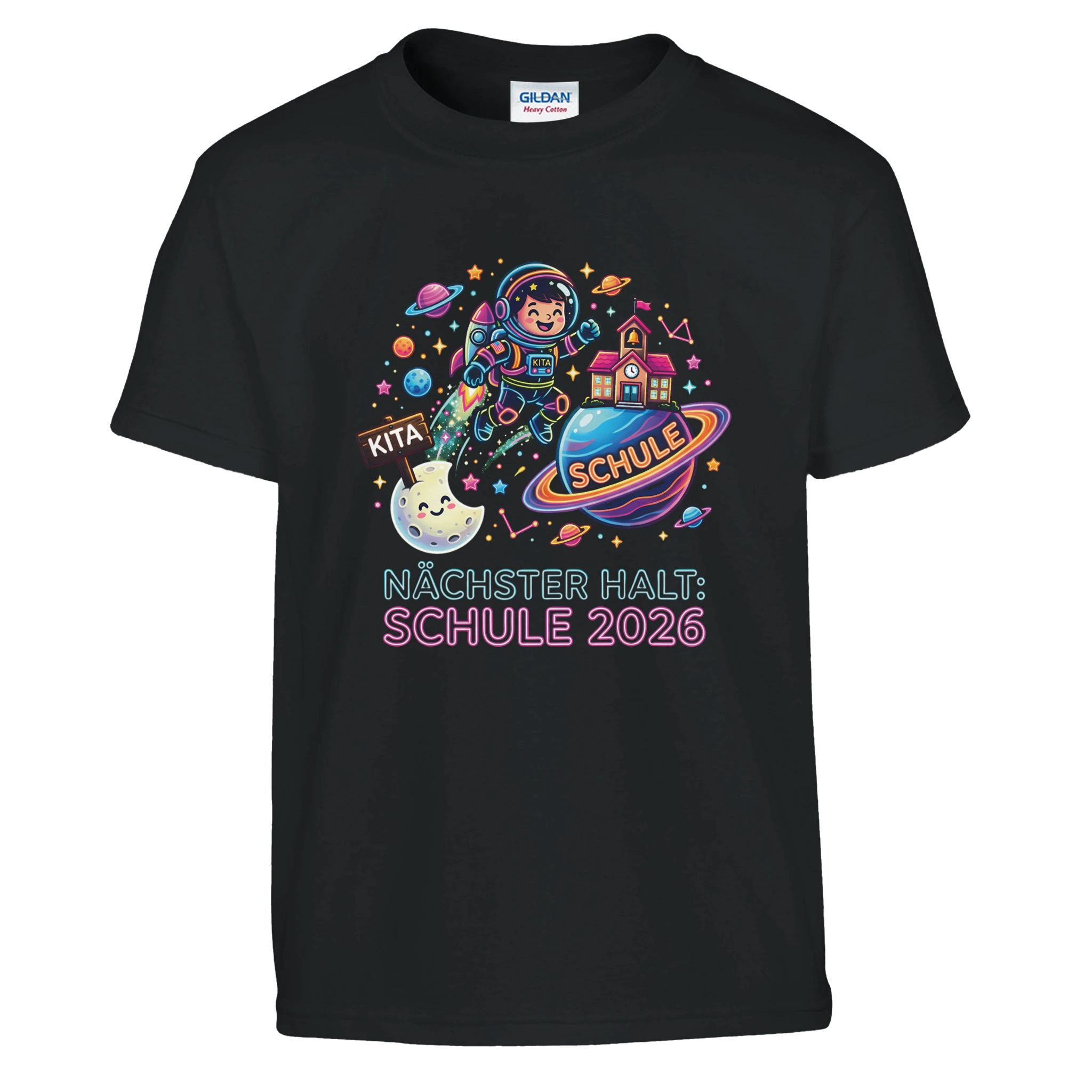 Nächster Halt Schule Astronaut Neon Einschulung Shirt – Kinder T-Shirt Weiß Freisteller