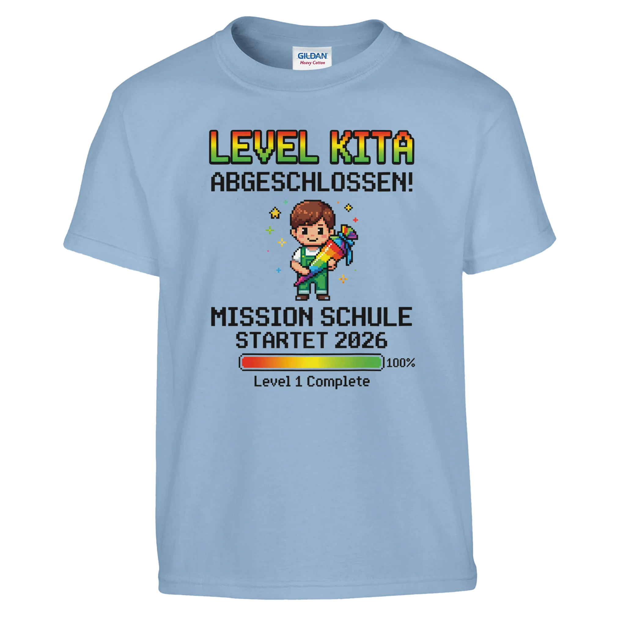 Level Kita Abgeschlossen Gaming Einschulung Shirt – Kinder T-Shirt Nahaufnahme Aufdruck