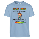 Level Kita Abgeschlossen Gaming Einschulung Shirt – Kinder T-Shirt Nahaufnahme Aufdruck