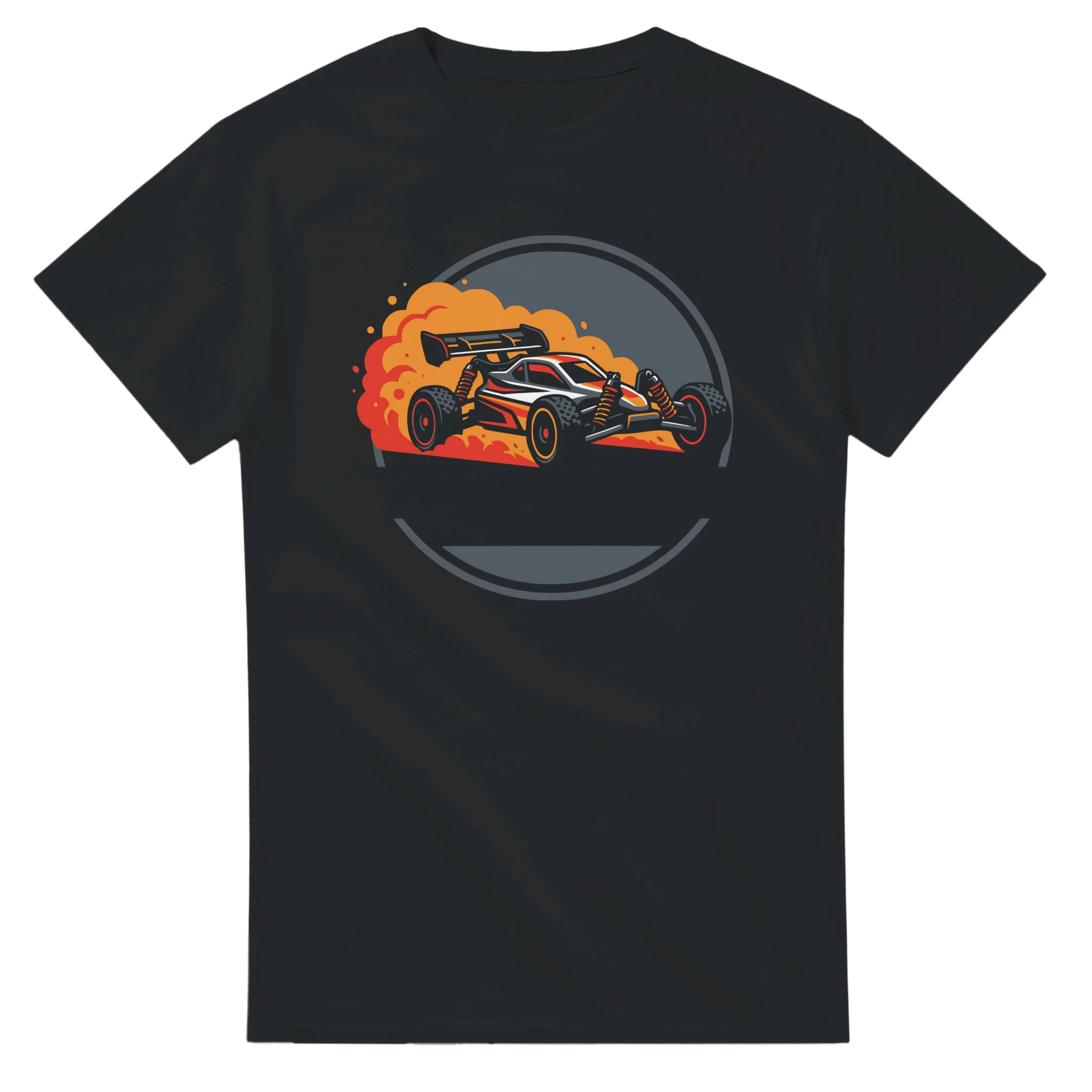 RC Modellbau T-Shirt "Dusty Badge" – T-Shirt Produktfoto, Vorderseite auf schwarzem Hintergrund