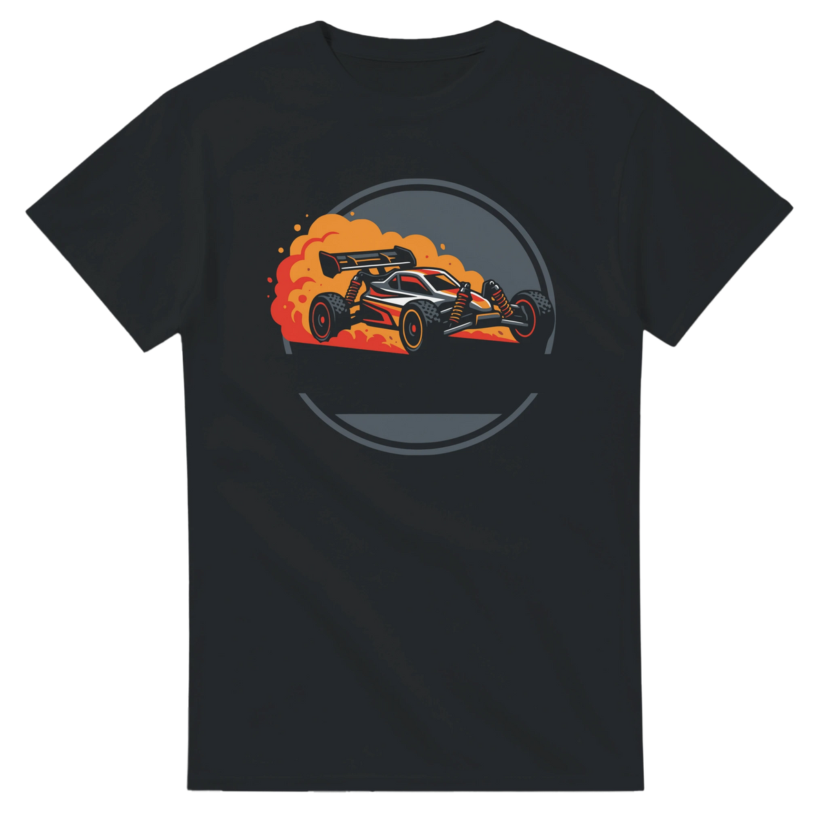 RC Modellbau T-Shirt "Dusty Badge" – T-Shirt Produktfoto, Vorderseite auf schwarzem Hintergrund