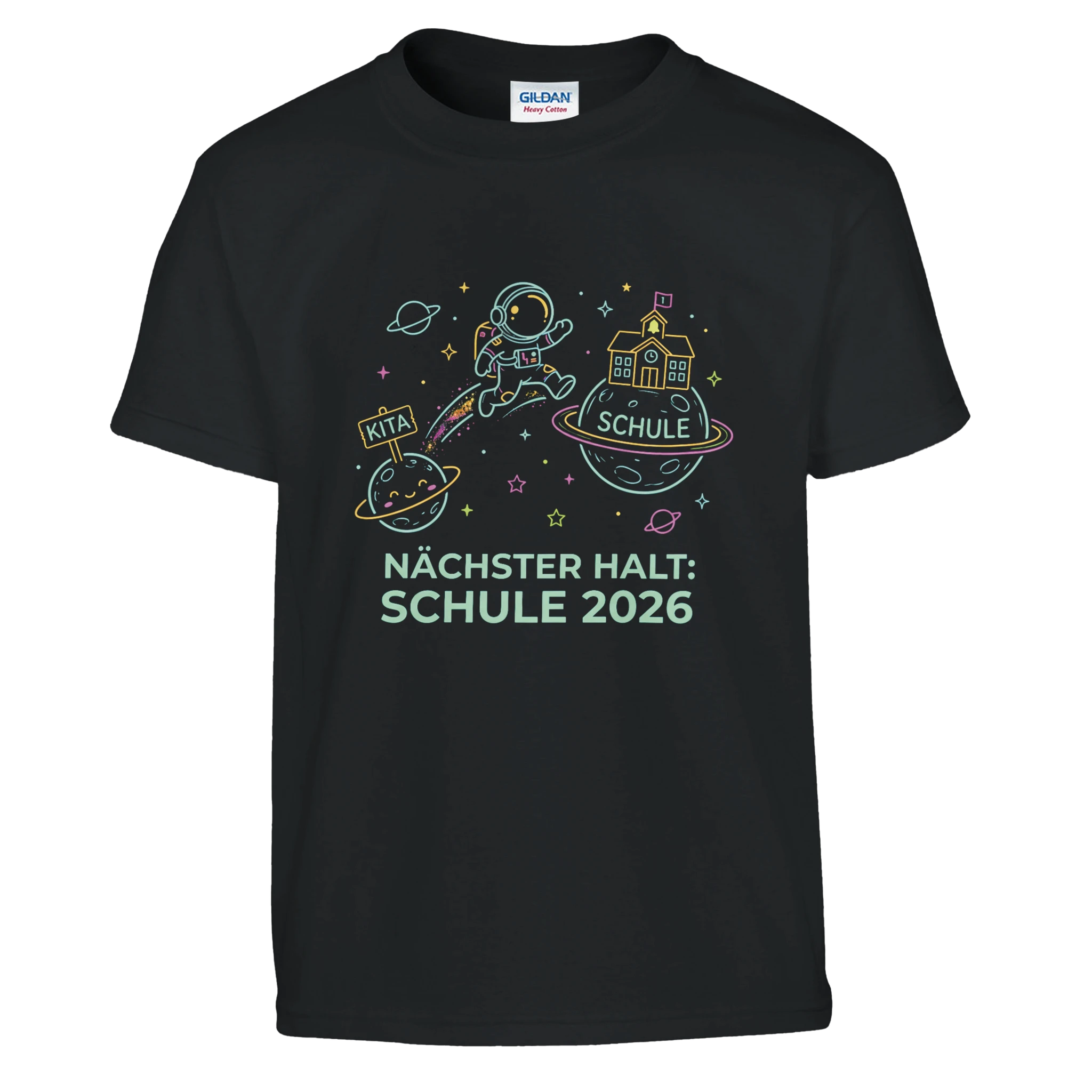Nächster Halt Schule Astronaut Einschulung Shirt – Kinder T-Shirt Weiß Freisteller