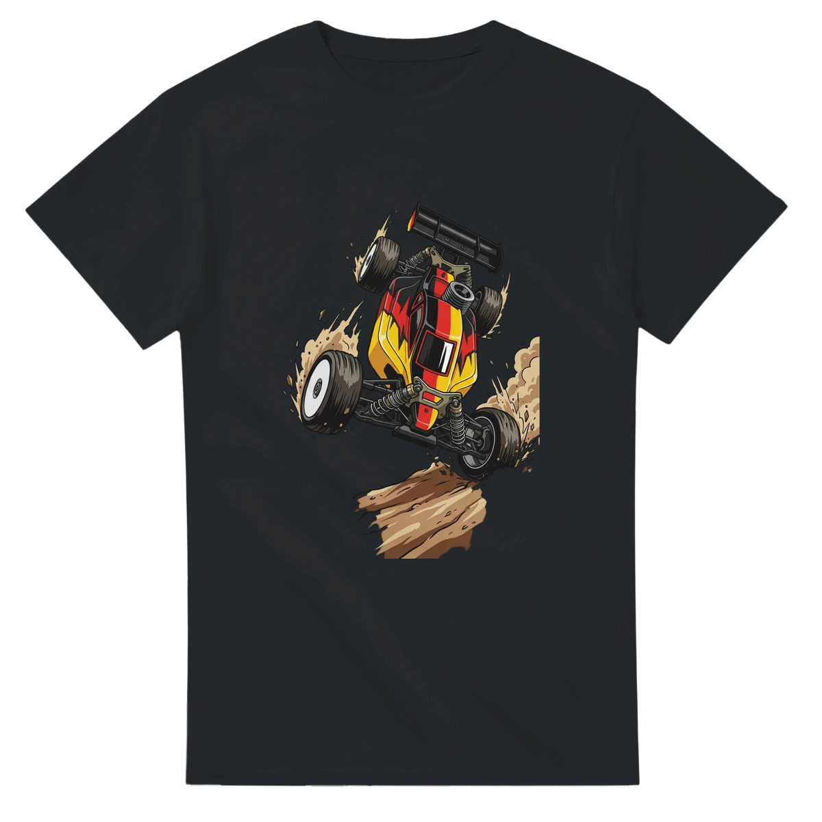 RC Buggy Jump T-Shirt Schwarz-Rot-Gold – T-Shirt Produktfoto, Vorderseite auf schwarzem Hintergrund